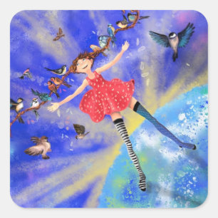 Lycklig Girl with Birds - Happines Fyrkantigt Klistermärke