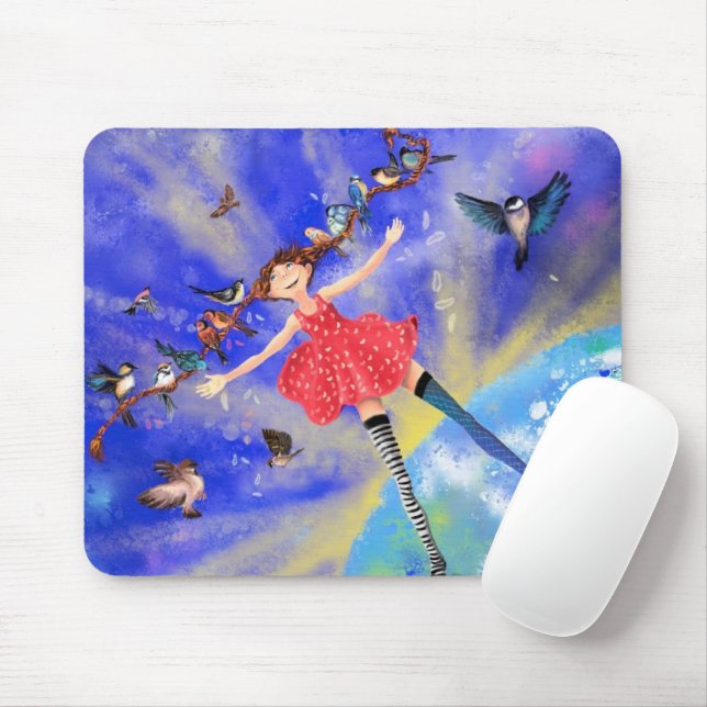 Lycklig Girl with Birds - Happines Musmatta (Med mus)