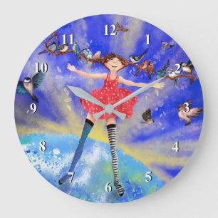 Lycklig Girl with Birds - Happines - Round Stor Klocka