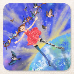Lycklig Girl with Birds Papper Underlägg Kvadrat