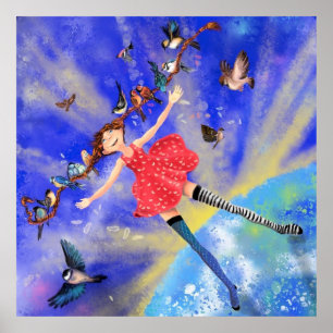 Lycklig Girl with Birds Poster lycka