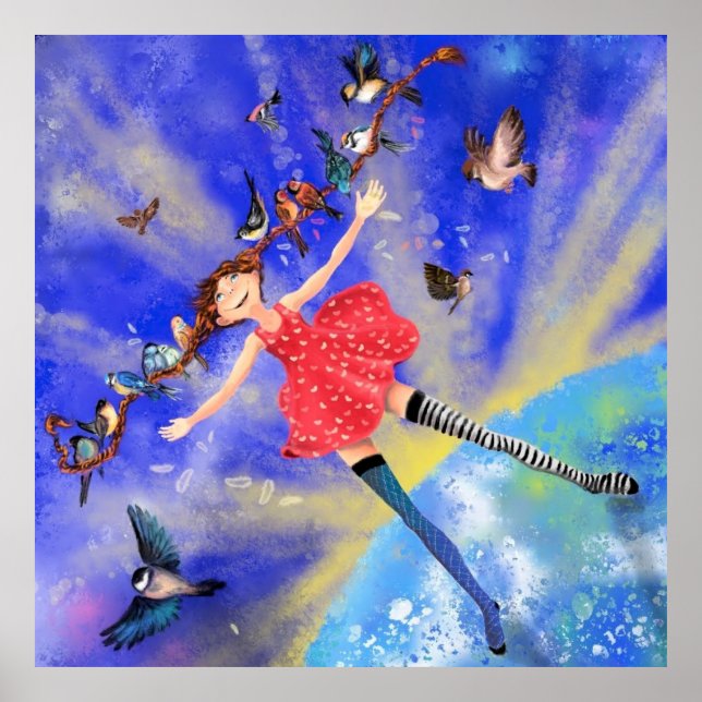 Lycklig Girl with Birds Poster lycka (Framsidan)