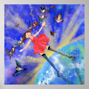 Lycklig Girl with Birds Poster målning