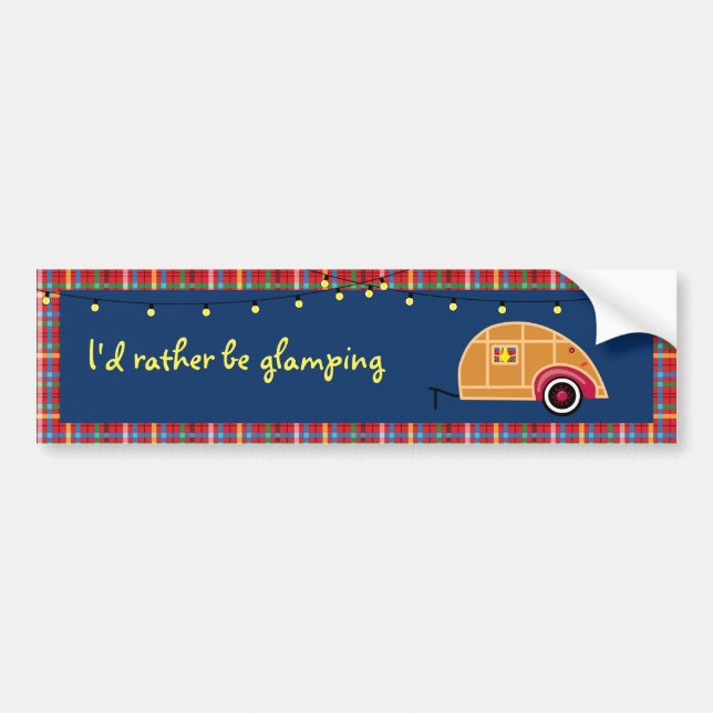 Lycklig Glamper Woodie Vintage TearDrop Trailer Bildekal (Framsidan)