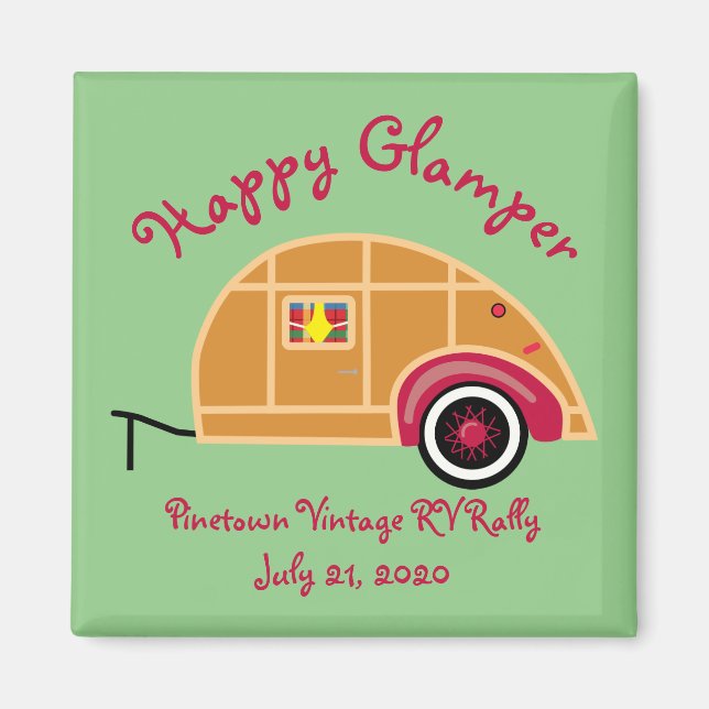 Lycklig Glamper Woodie Vintage TearDrop Trailer Magnet (Framsidan)