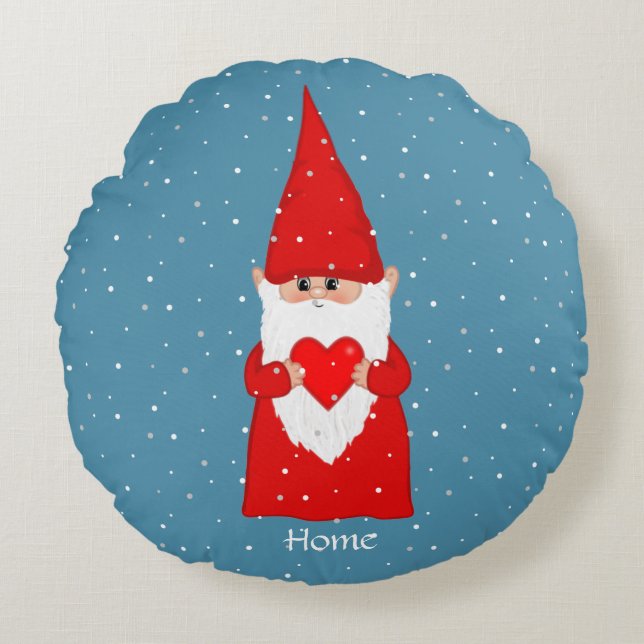 Lycklig Gnome & Heart på Sapphire Blue Rund Kudde (Framsidan)