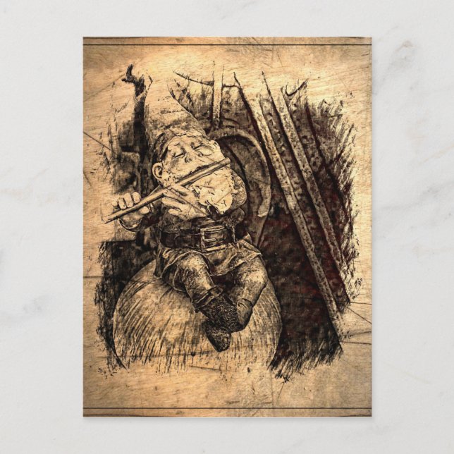 Lycklig Gnome sitta på ett svamprum som spelar en  Vykort (Framsida)