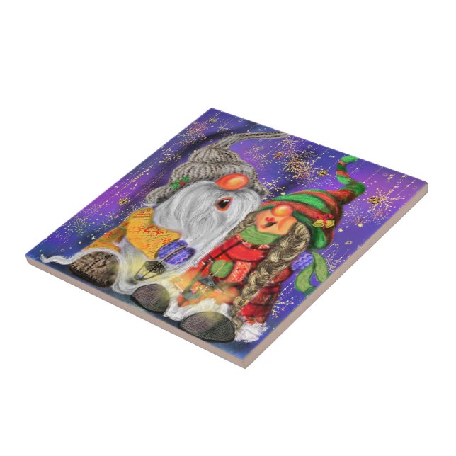 Lycklig Gnomes Singing vid jul - Ceramic Tile Gift Kakelplatta (Sidan)