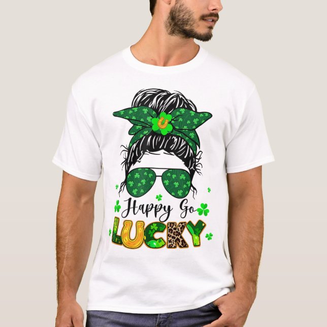Lycklig Go Lucky Messy Bun Shamrock St patricks da T Shirt (Framsida)