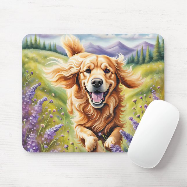Lycklig Golden Retriever i Lavender Fält Musmatta (Med mus)