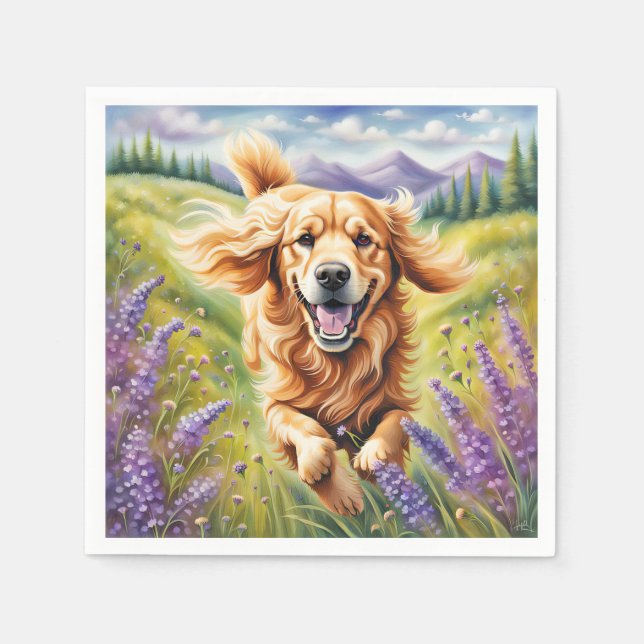Lycklig Golden Retriever i Lavender Fält Pappersservett (Framsidan)