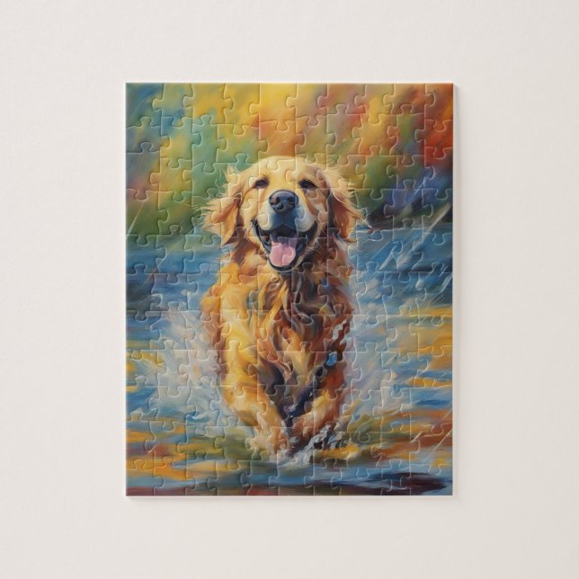 Lycklig Golden Retriever i Vatten Pussel (Vertikal)