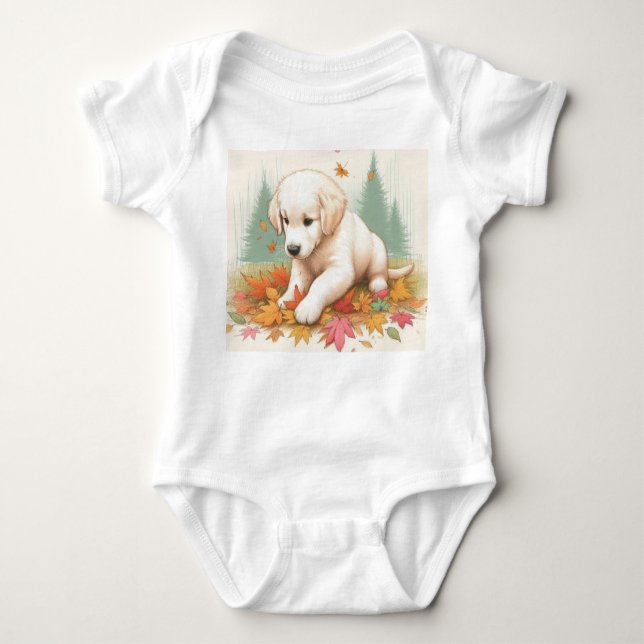 Lycklig Golden Retriever Puppy i Löv T Shirt (Framsida)