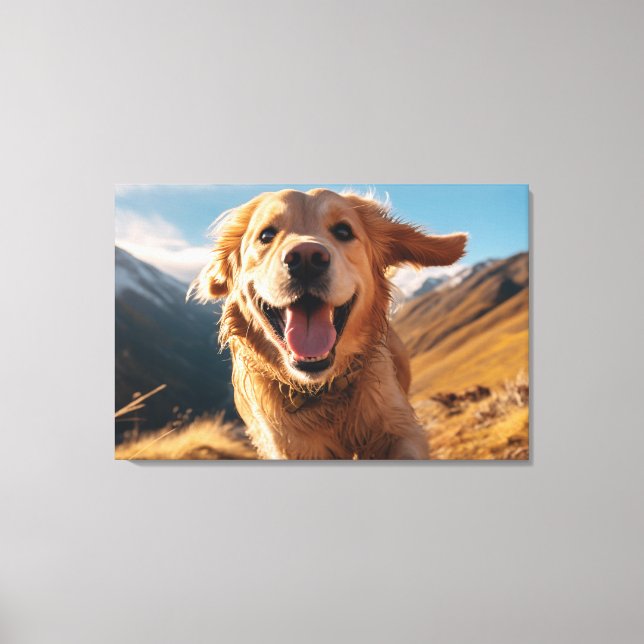 Lycklig Golden Retriever Running Canvastryck (Framsida)
