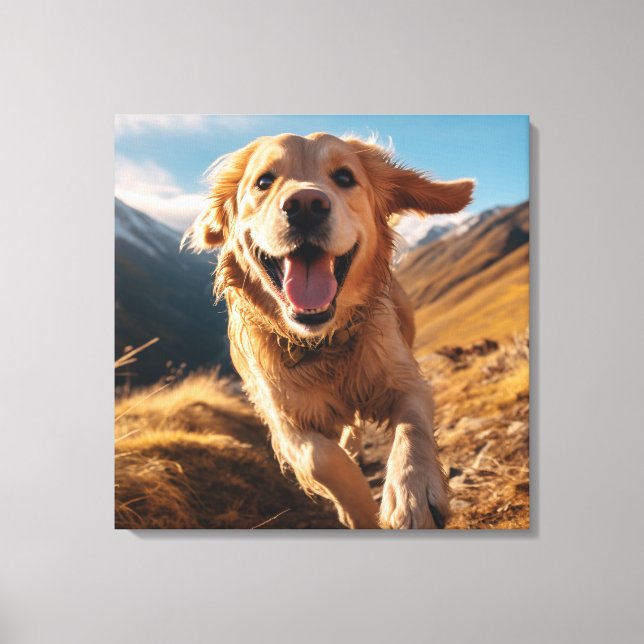 Lycklig Golden Retriever Running Canvastryck (Framsida)