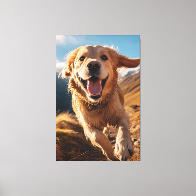 Lycklig Golden Retriever Running Canvastryck (Framsida)