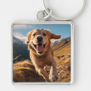 Lycklig Golden Retriever Running Fyrkantig Silverfärgad Nyckelring