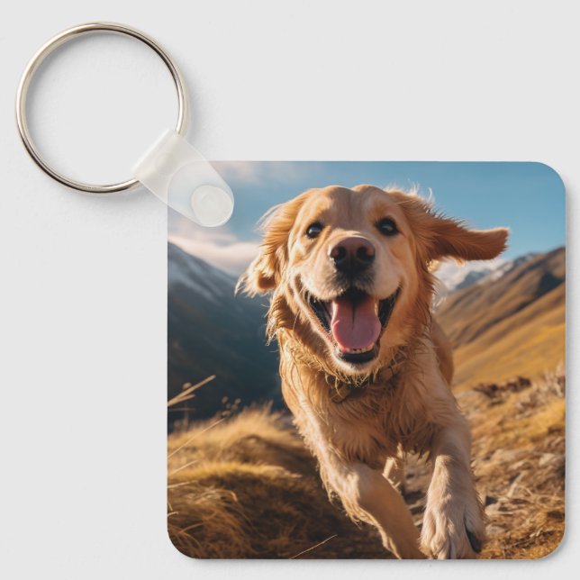 Lycklig Golden Retriever Running Nyckelring (Framsida)