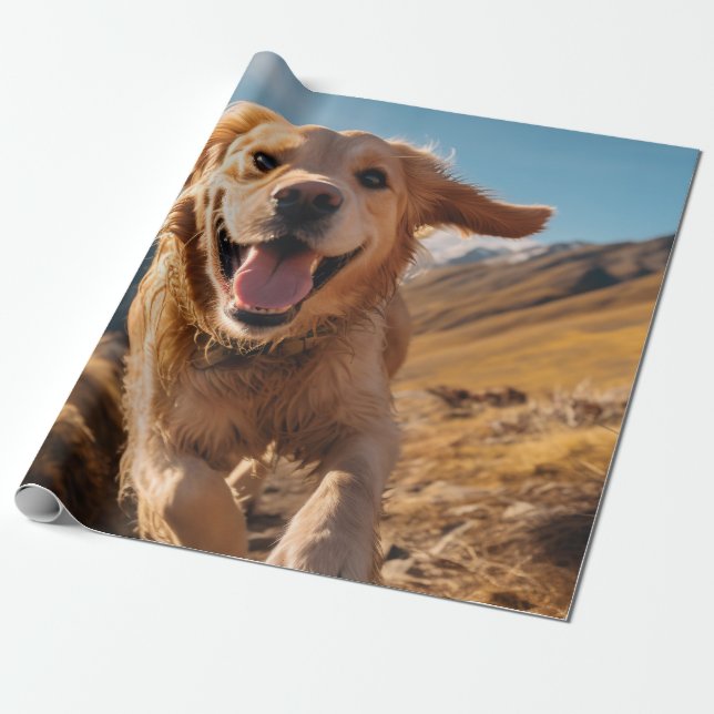 Lycklig Golden Retriever Running Presentpapper (Utrullad)