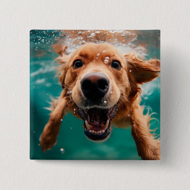 Lycklig Golden Retriever Swimming Underwater Knapp (Framsida)