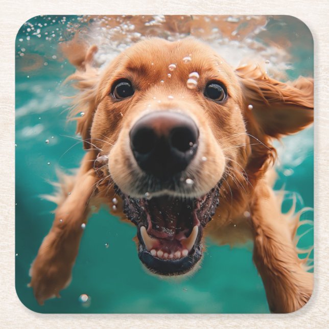 Lycklig Golden Retriever Swimming Underwater Underlägg Papper Kvadrat (Framsidan)