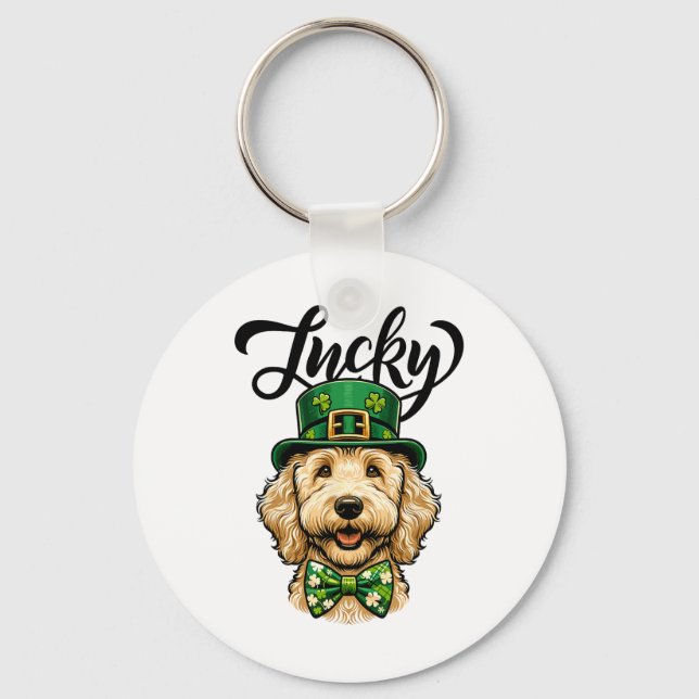 Lycklig Goldendoodle Hund St Patrick's Day Barn St Nyckelring (Framsida)