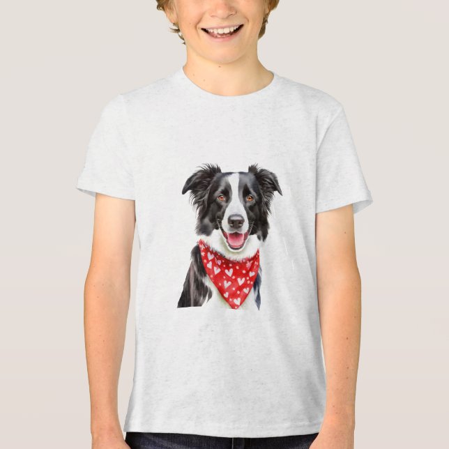 Lycklig Gräns Collie med Red Heart Bandana T Shirt (Framsida)