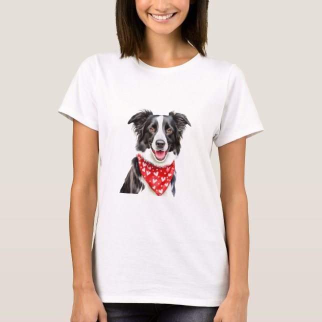 Lycklig Gräns Collie med Red Heart Bandana T Shirt (Framsida)