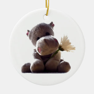 Lycklig Grått Hippo Holding Daisy, Cute Kärlek Pho Julgransprydnad Keramik