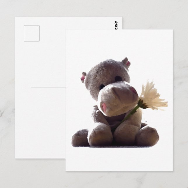 Lycklig Grått Hippo Holding Daisy, Cute Kärlek Pho Vykort (Fram/baksida)