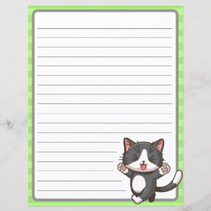 Lycklig grått-katt på fodrad papper med grönt ombo