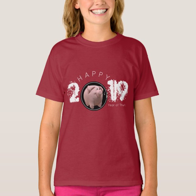 Lycklig Gris År 2019 Original 3D Girl Tee (Framsida)