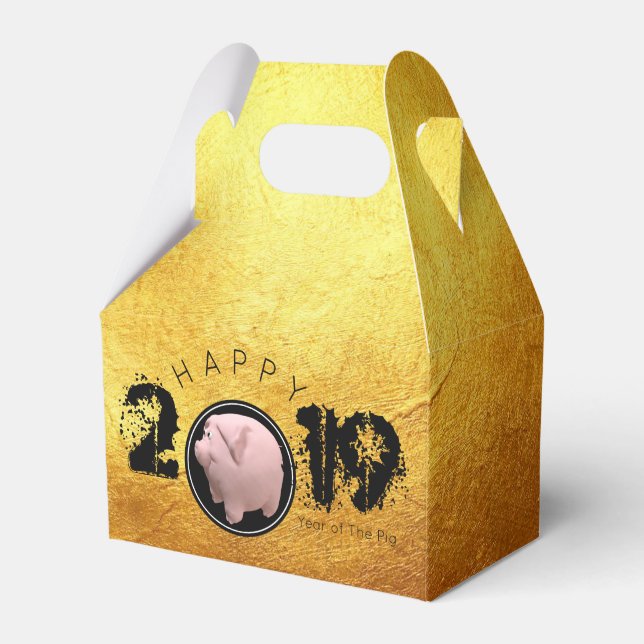 Lycklig Gris År 2019 Original 3D golden Favor Box  Presentaskar (Framsidan Sidan)