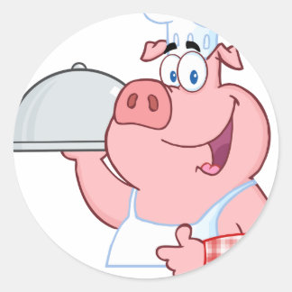 Lycklig Gris Chef Holding A Platter-tecken Runt Klistermärke
