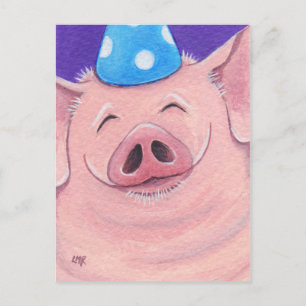 Lycklig Gris vid Party Hat Illustration Vykort