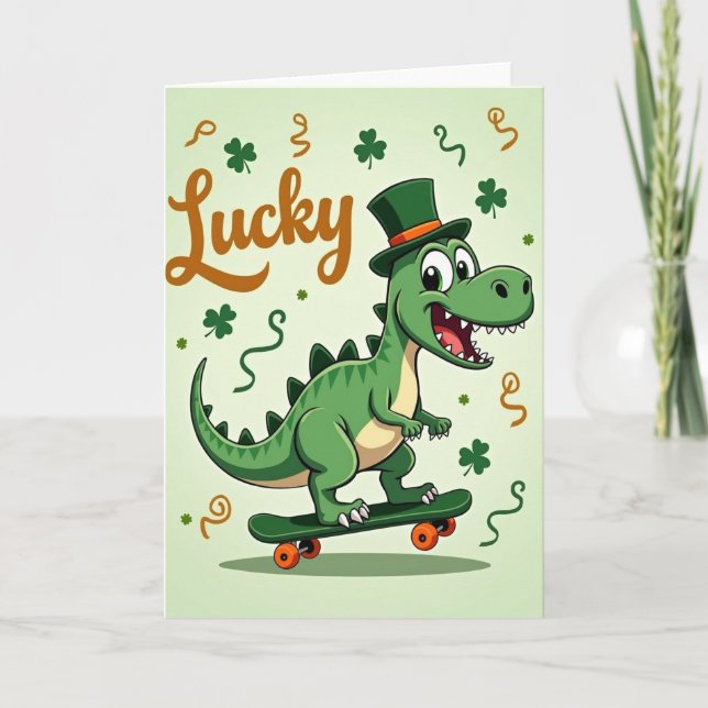 Lycklig Grön Dino Mönster Kort (Framsida)