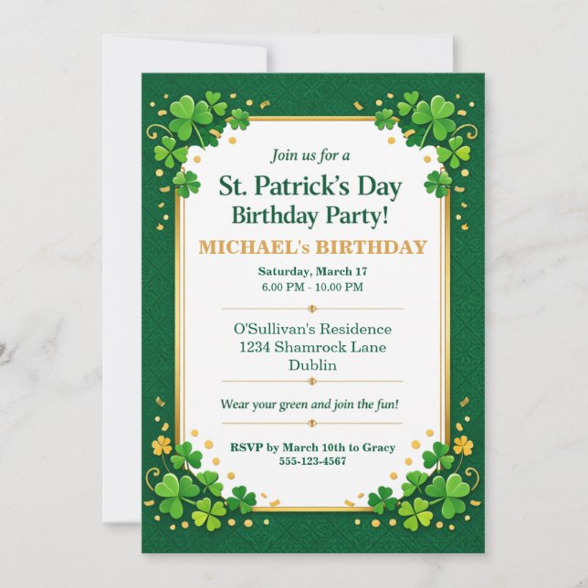 Lycklig Grön Guld Festlig Shamrock Klöver Födelsed Inbjudningar (Framsida)
