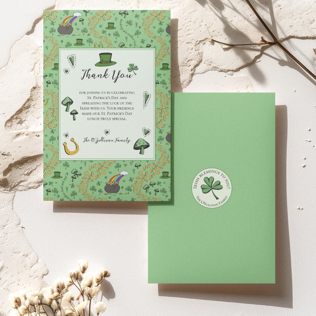 Lycklig Grön St Patricks Day Irländskt Tack Kort (St Patricks Day Thank You Card with Custom Message & Name. Irish Blessing on Back of the Card. 
)