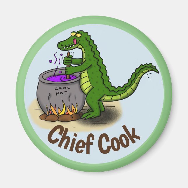 Lycklig grönt alligator matlagningsmiddag tecknad magnet (Framsidan)