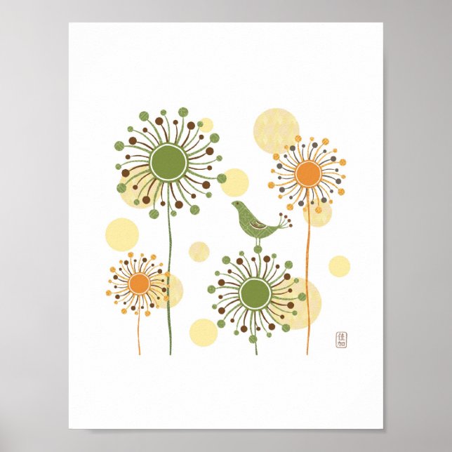 Lycklig Grönt Bird Print 7x7 Poster (Framsidan)