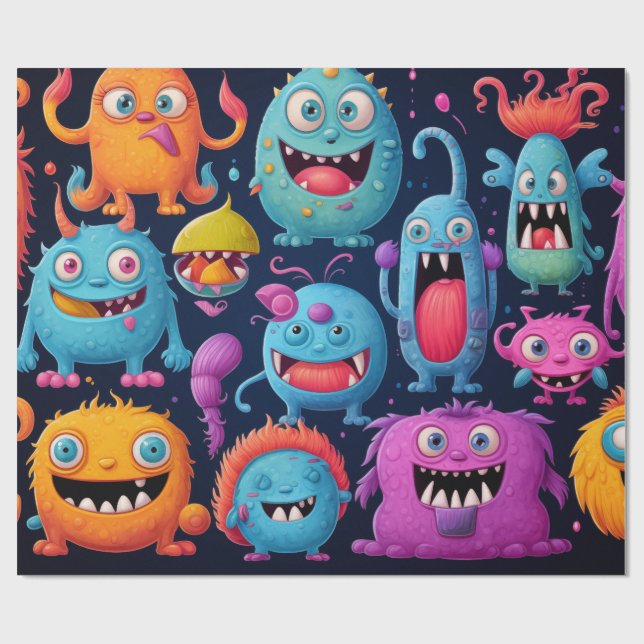Lycklig-gruppen med färgstarka monster på svart presentpapper (Platt)