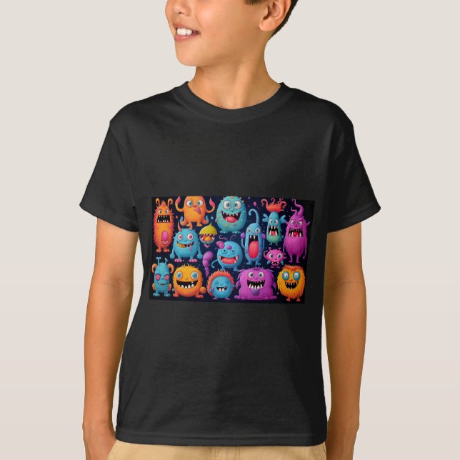 Lycklig-gruppen med färgstarka monster på svart t shirt (Framsida)