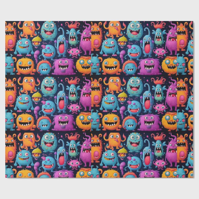Lycklig-gruppen med färgstarka monster på svart vi presentpapper (Platt)