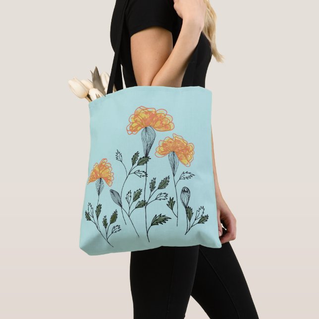 Lycklig Gula blommor på Aqua Tote Bag Tygkasse (Närbild)