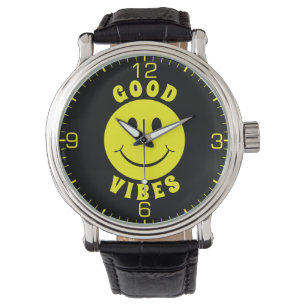 Lycklig Gult Ansikte Good Vibes Black Armbandsur
