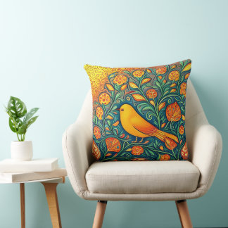 Lycklig Gult Bird Whimsical Artsy Folk Swirls Kudde