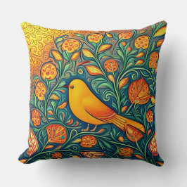 Lycklig Gult Bird Whimsical Artsy Folk Swirls Kudde