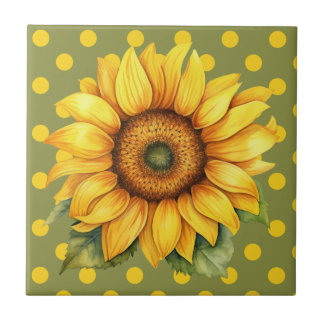 Lycklig Gult och Grönt Solros på Polka Dot Kakelplatta