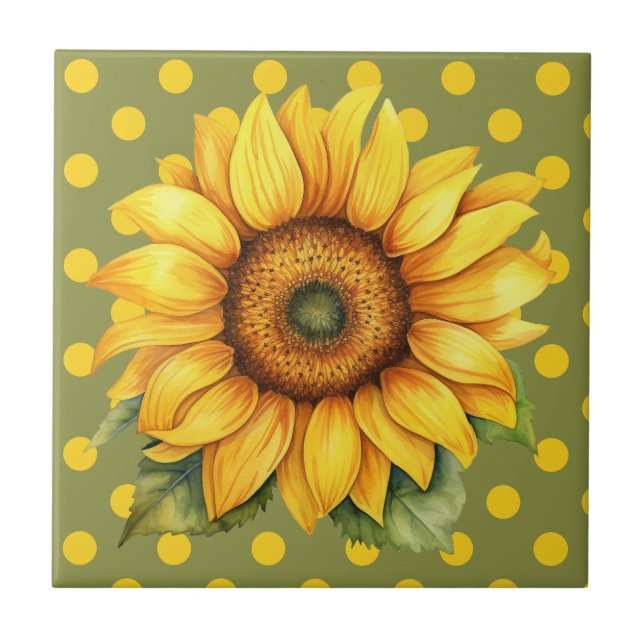 Lycklig Gult och Grönt Solros på Polka Dot Kakelplatta (Framsidan)