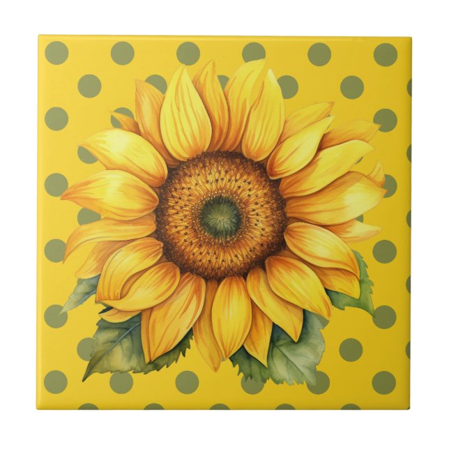 Lycklig Gult och Grönt Solros på Polka Dot Kakelplatta (Framsidan)